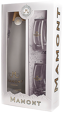 Промонабор: Водка MAMONT 0,7л – 1 шт., стопка из стекла "МАМОНТ" 50мл – 2 шт., в картонной упаковке "MAMONT"